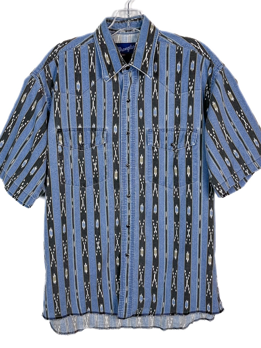 Vintage Wrangler Mens Pearl Snap Western Shirt Xl Long Tails Size 16 Cowboy Blue